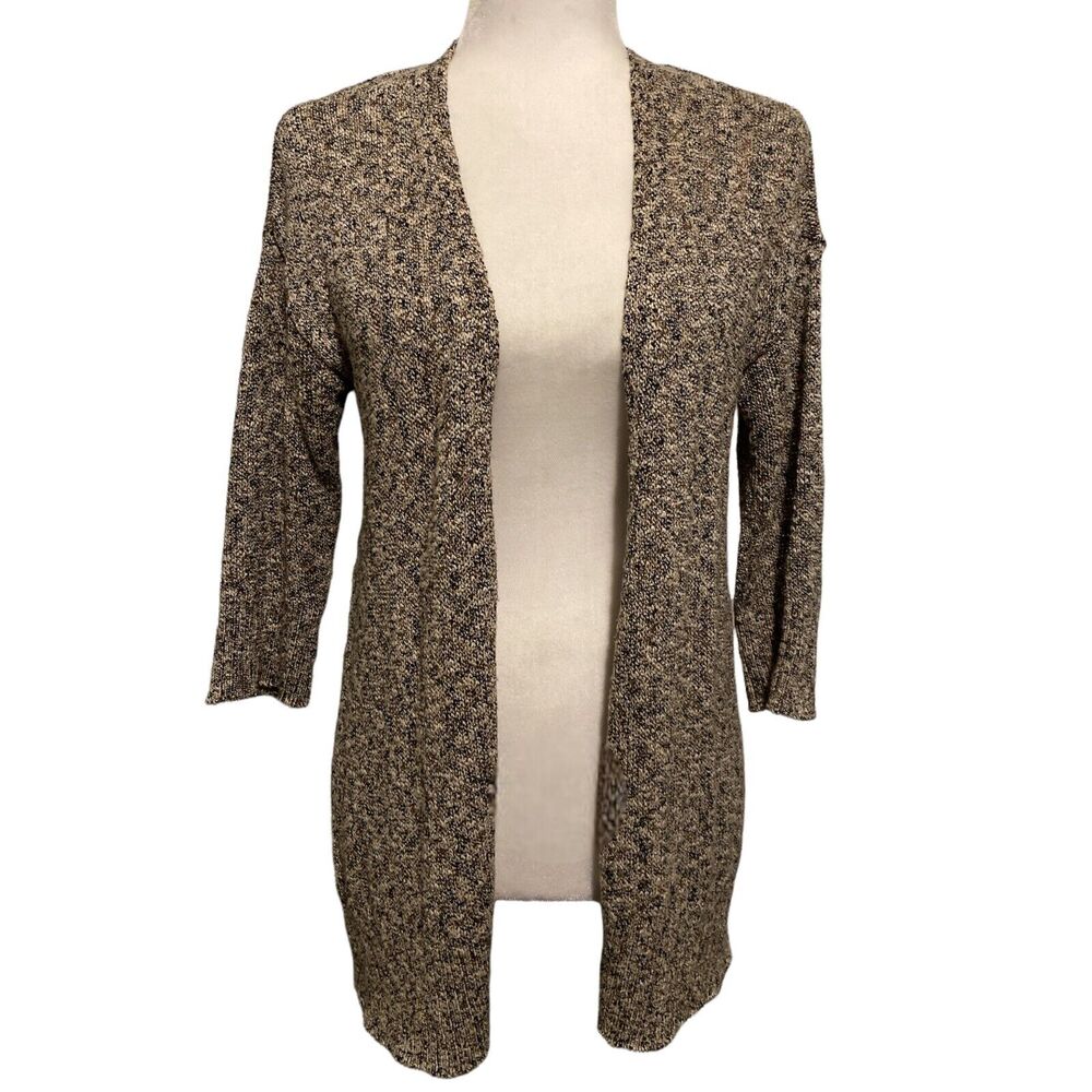 J Jill Cardigan XS Womens Tan Black Brown Marbled Open Front 3/4 Sleeve